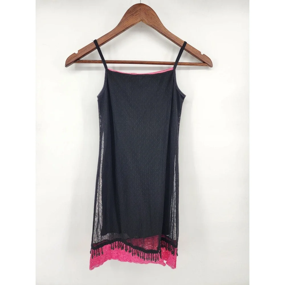 Limited Too Vintage Y2K Black Mesh Pink Lace Beaded Mini Dress Size 7